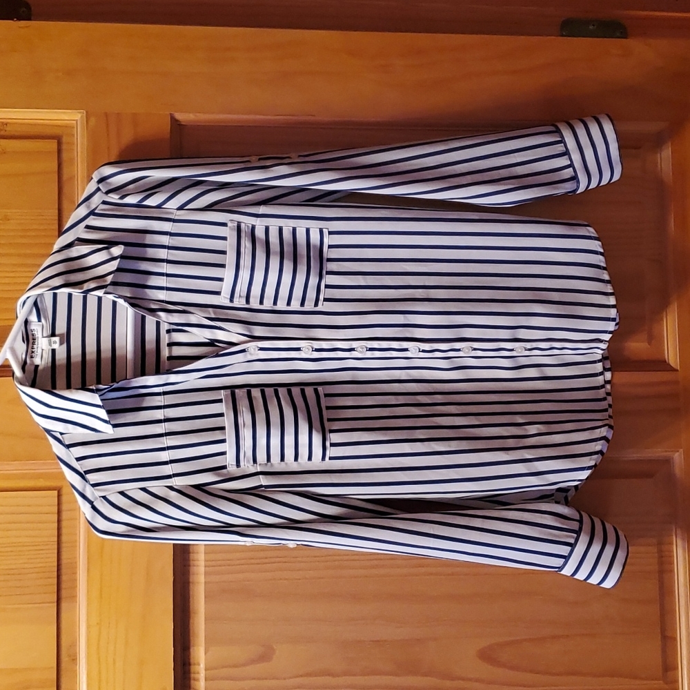 Express Portofino blouse, blue and white stripe, size extra small.